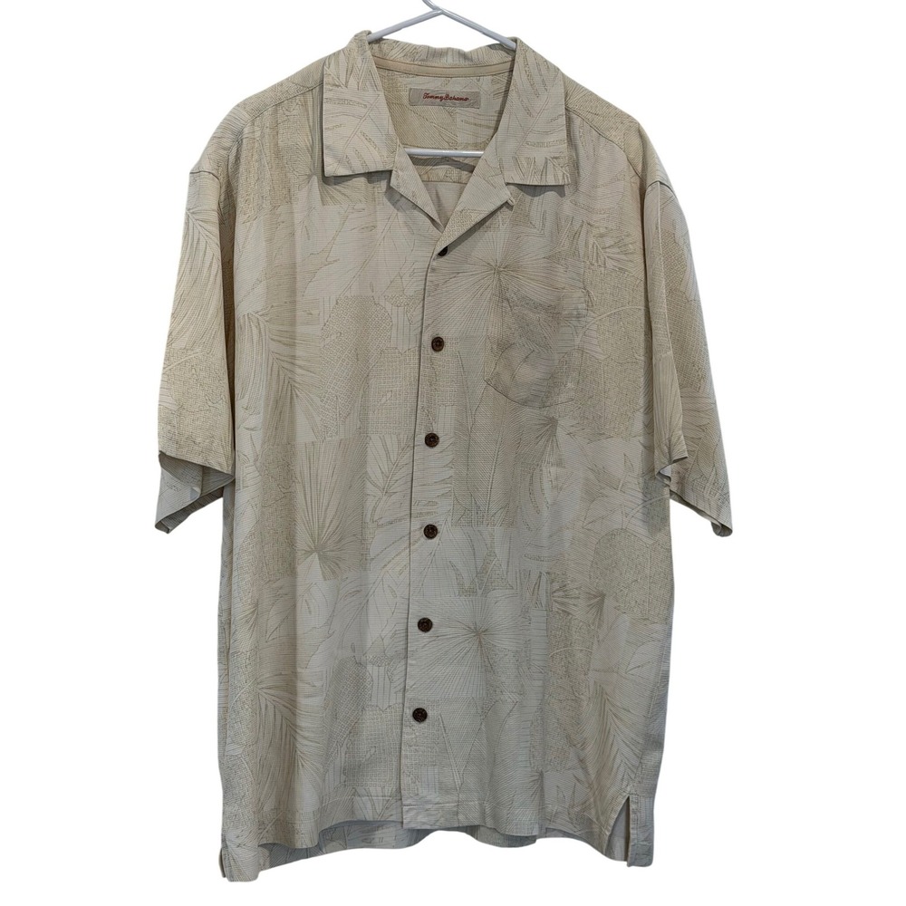 Tommy Bahama Mens XL 100% Silk Short Sleeve Tropical Palm Camp Shirt Beige